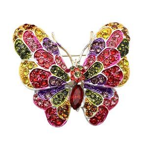 Womens Butterfly Brooch Multicolor Crystal Gold Tone Statement Pin